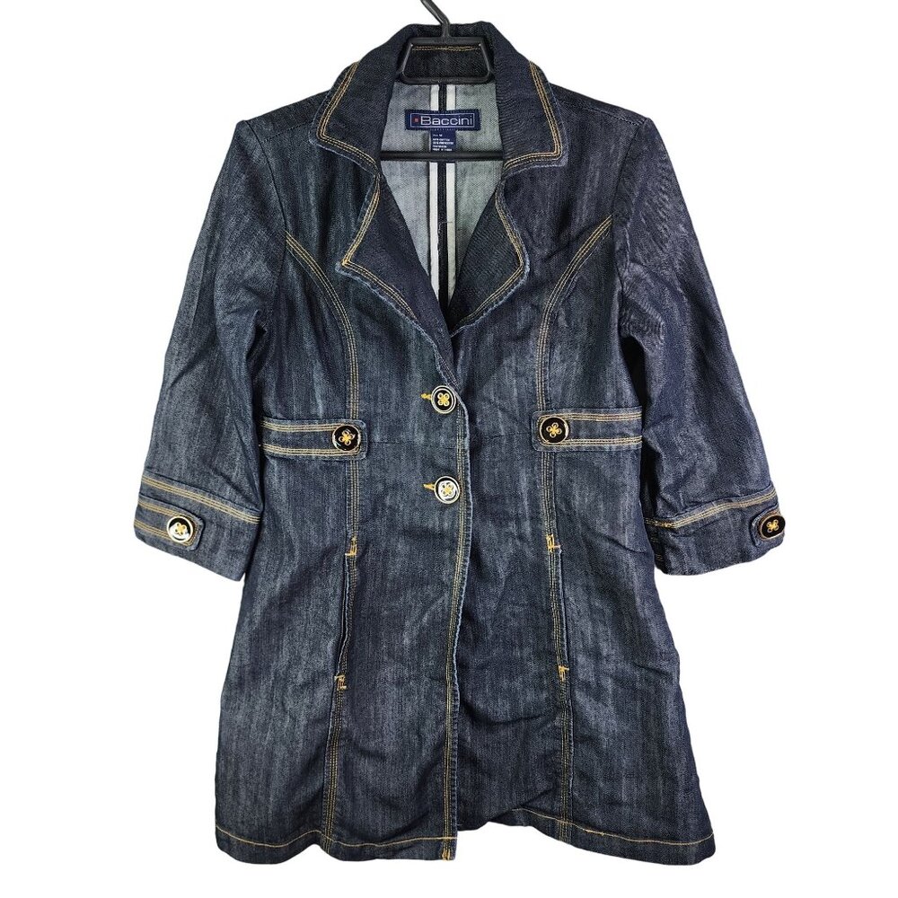 Womens Baccini Blue Denim Blazer Jacket 3/4 Sleeve 2 Button Size M